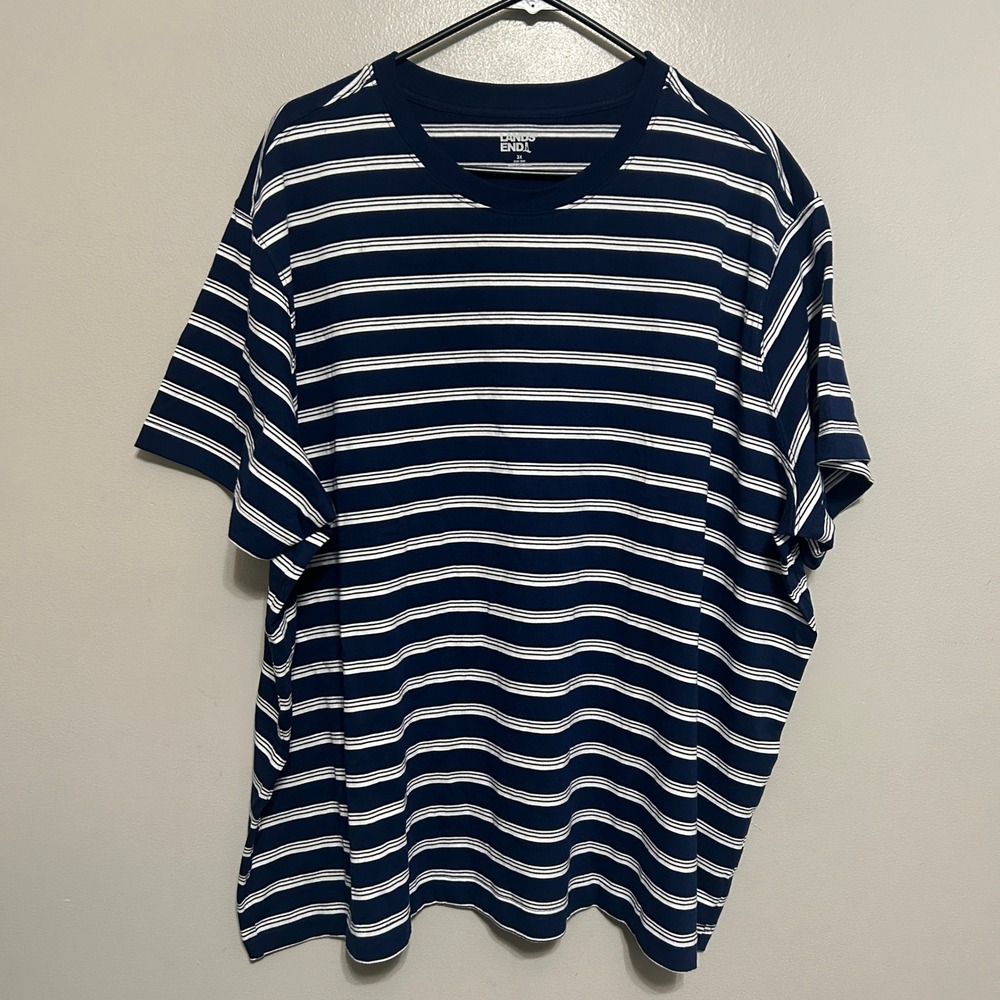 Lands End T-Shirt Women 3X Navy Blue White Striped Cotton Short Sleeve Classic